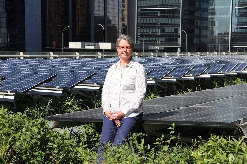 Lucy Sharman, manažérka pre udržateľnosť v Lendlease, na zelenej streche v Barangaroo